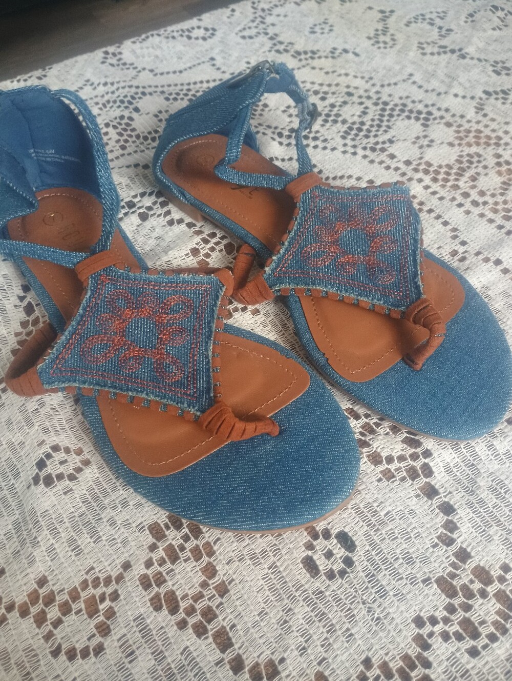 Rogue Denim Embroidered T-Strap Sandals - Blue and Brown